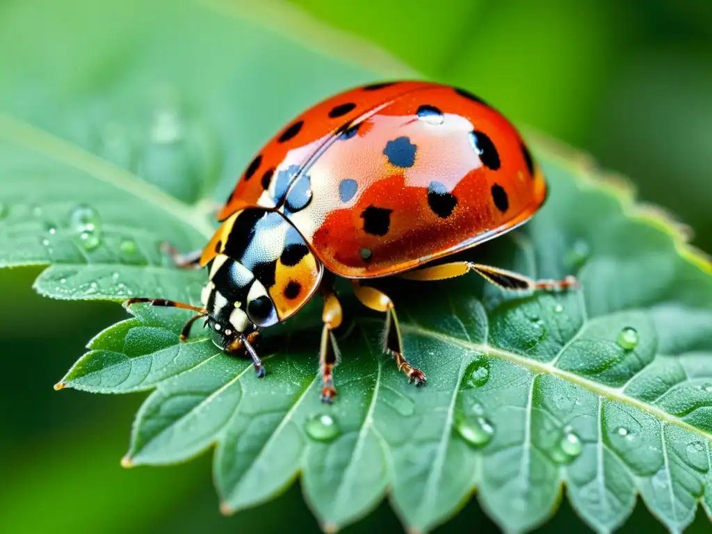 Una mariquita detallada sobre una hoja verde con gotas de agua, muestra la belleza de los depredadores naturales en el control biológico del jardín