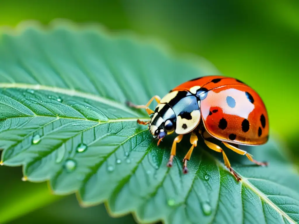 Una mariquita detallada descansa en una hoja verde vibrante, mostrando sus alas rojas moteadas y las finas vellosidades de la hoja