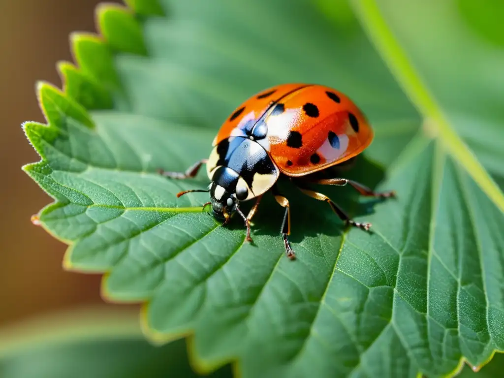 Una mariquita detallada reposa sobre una hoja verde vibrante, sus alas rojas y negras intrincadamente patrones