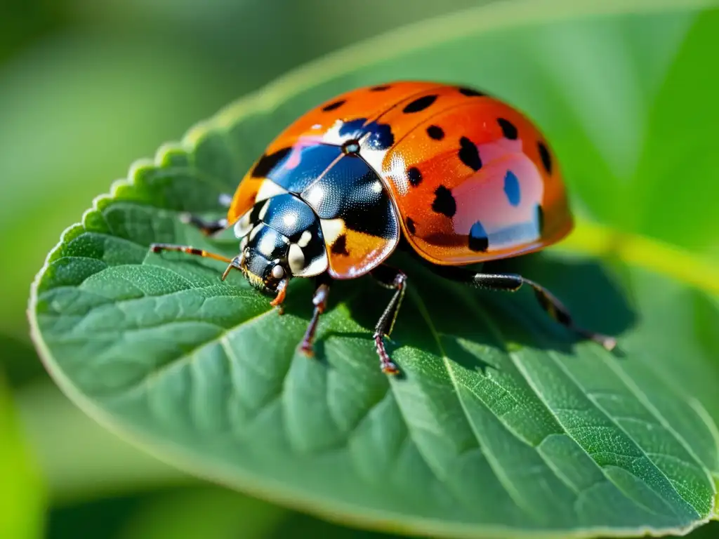 Una mariquita detallada descansa en una hoja verde vibrante, sus alas rojas y negras relucen al sol