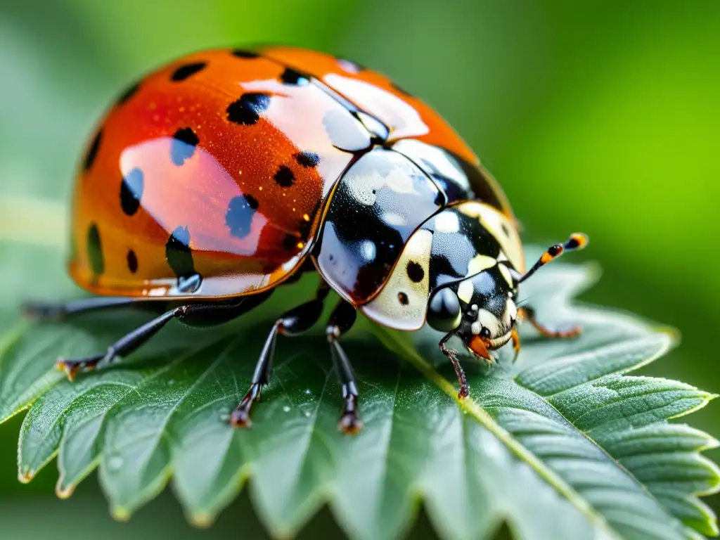 Una mariquita detallada en una hoja verde brillante, con gotas de agua y luz solar, capturando la belleza natural