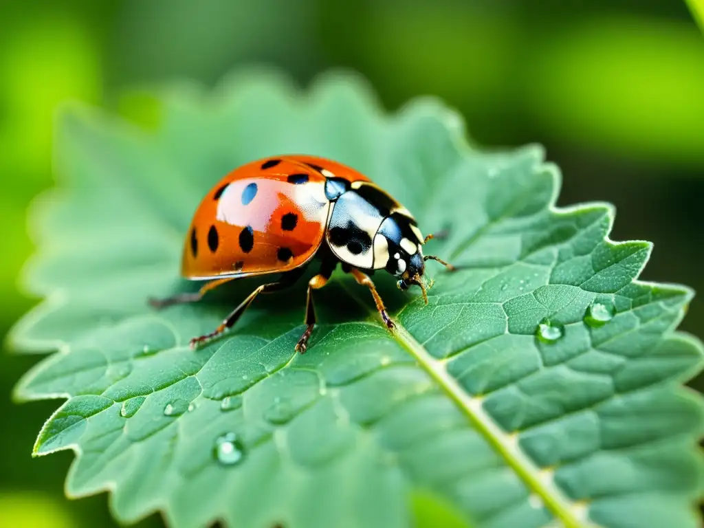 Una mariquita detallada en una hoja verde, con sus alas rojas y puntos negros