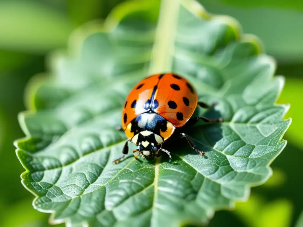 Una mariquita detallada descansa en una hoja verde brillante en un invernadero natural, mostrando prevención de plagas en invernaderos naturales