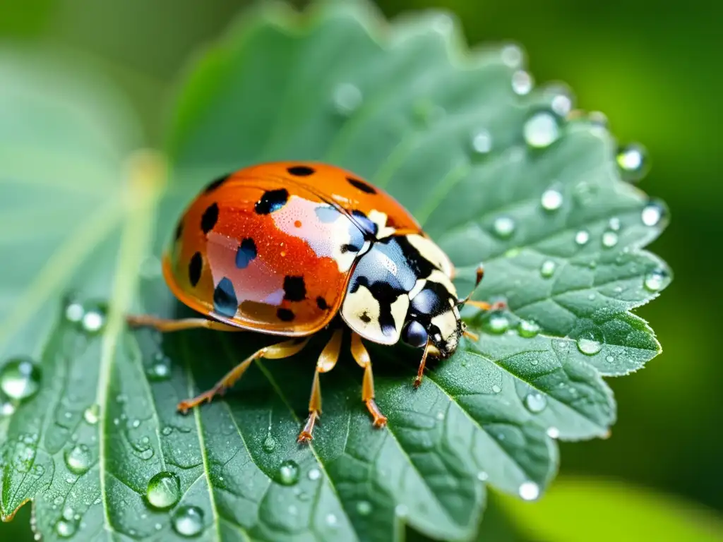 Una mariquita detallada descansa en una hoja verde brillante con gotas de rocío