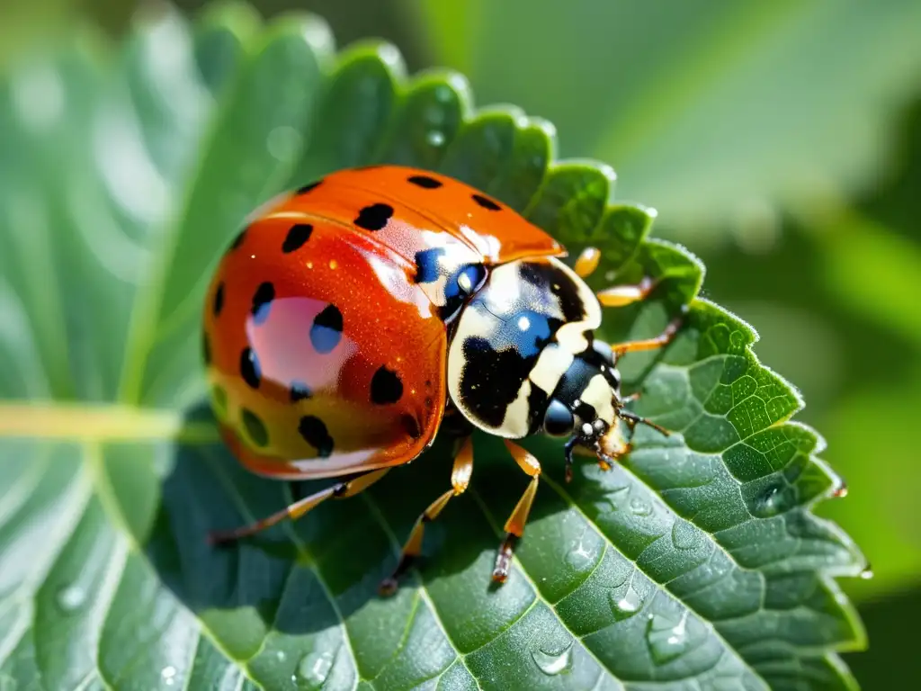 Una mariquita detallada en una hoja verde con luz dorada