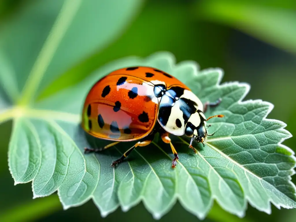 Una mariquita detallada descansa en una hoja verde vibrante, mostrando la belleza de los insectos