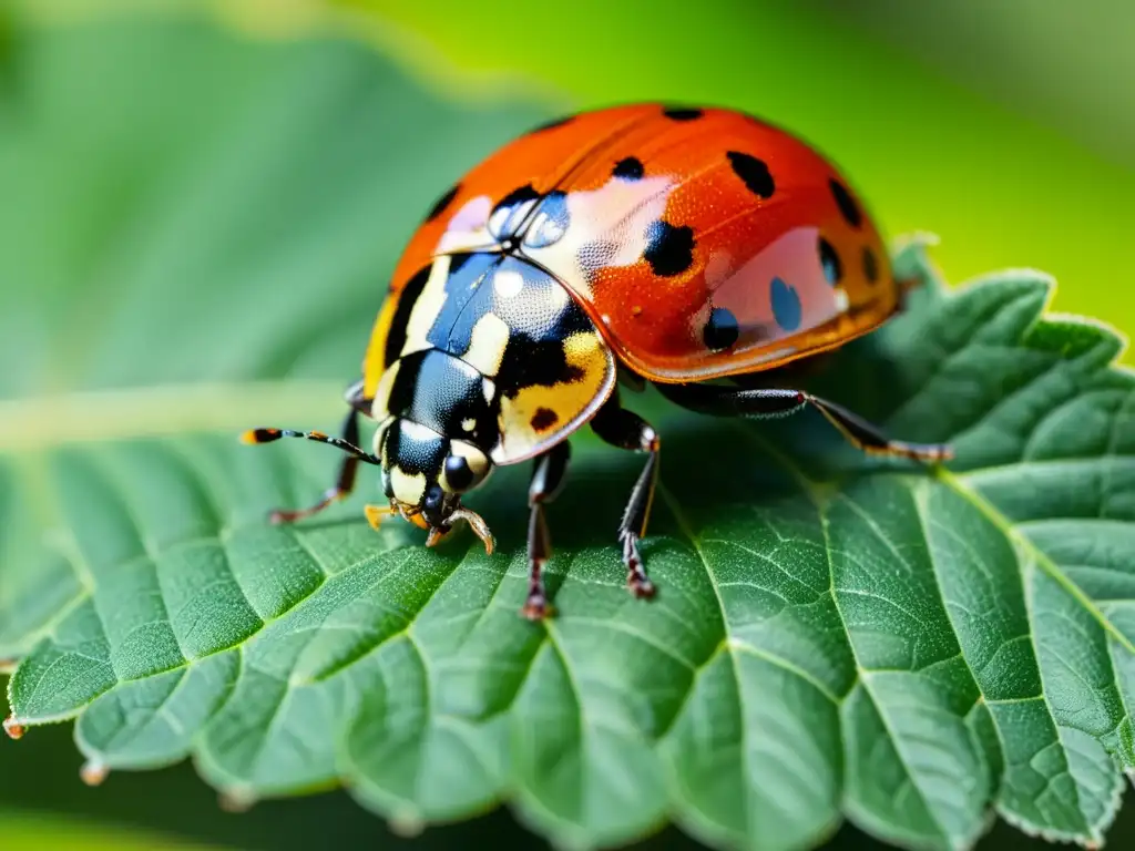 Una mariquita detallada en una hoja verde brillante