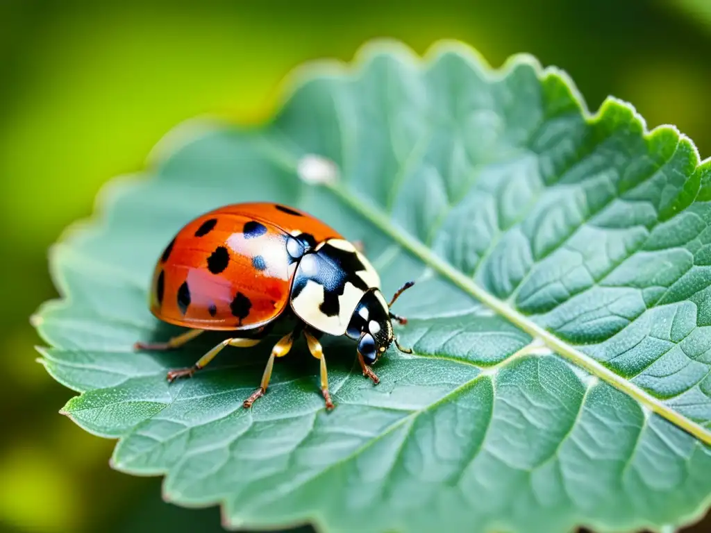 Una mariquita detallada en una hoja verde vibrante, mostrando su belleza natural