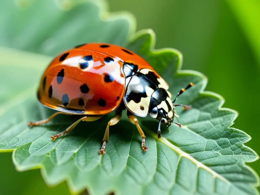 Una mariquita detallada en una hoja verde, destacando la belleza y el equilibrio natural