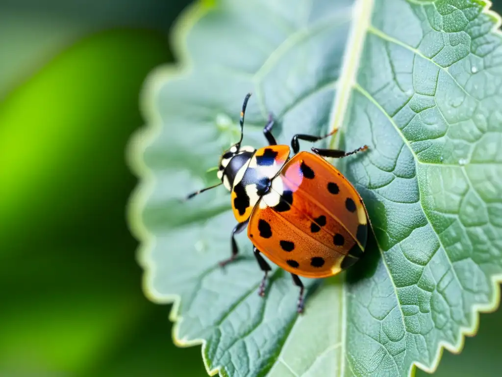 Una mariquita detallada se posa en una hoja verde, con patrones intrincados, alas translúcidas y pelos en las patas