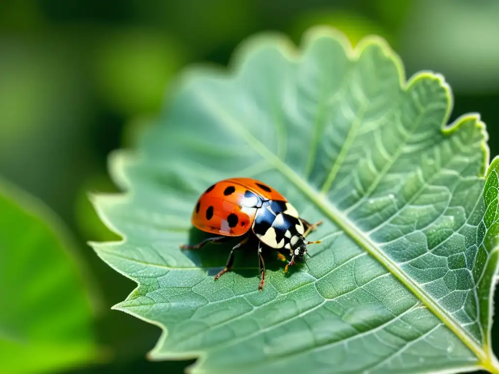 Una mariquita detallada camina sobre una hoja verde vibrante, destacando la belleza natural en el manejo integrado de agricultura resiliente