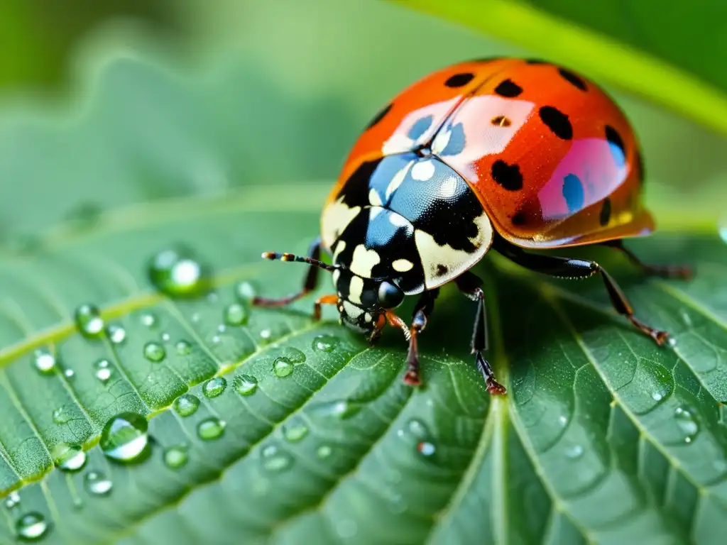 Una mariquita detallada descansa en una hoja verde brillante, con sus intrincados colores y patrones