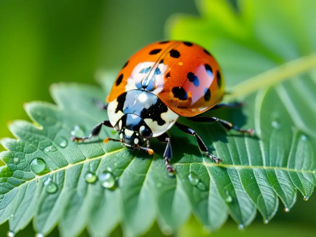 Una mariquita detallada posada en una hoja verde vibrante, con luz solar filtrada a través de la hoja, creando un ambiente mágico