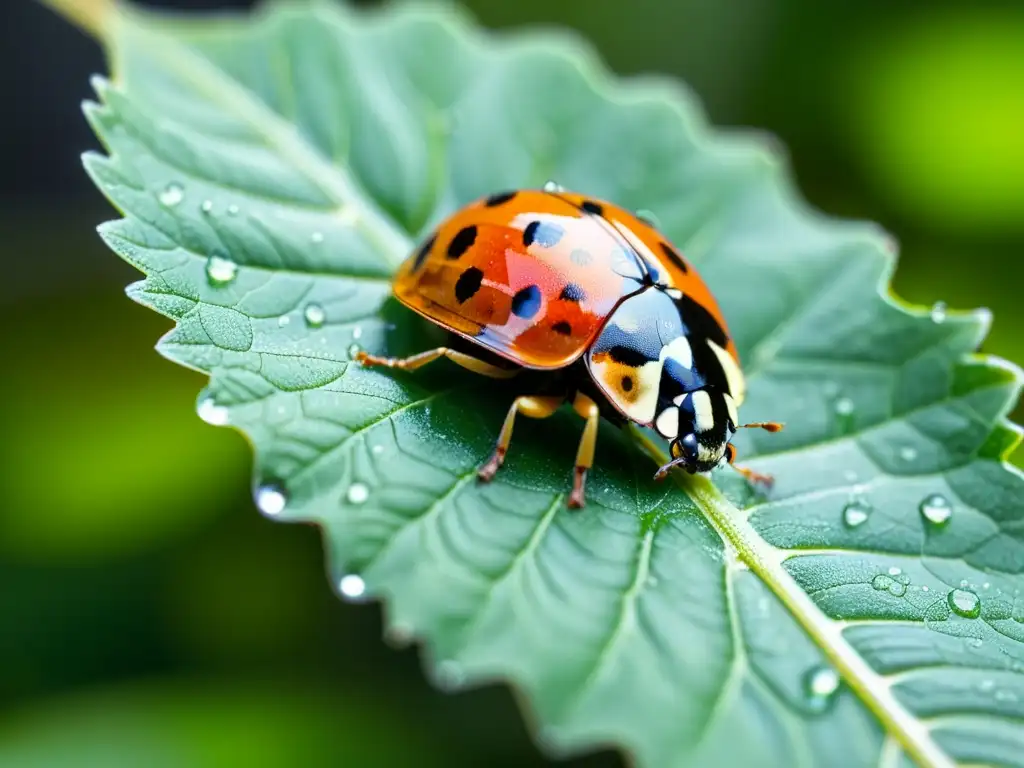 Una mariquita detallada posada en una hoja verde, con gotas de rocío