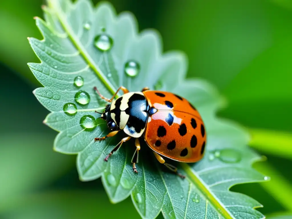 Una mariquita detallada posada en una hoja verde vibrante, con gotas de rocío