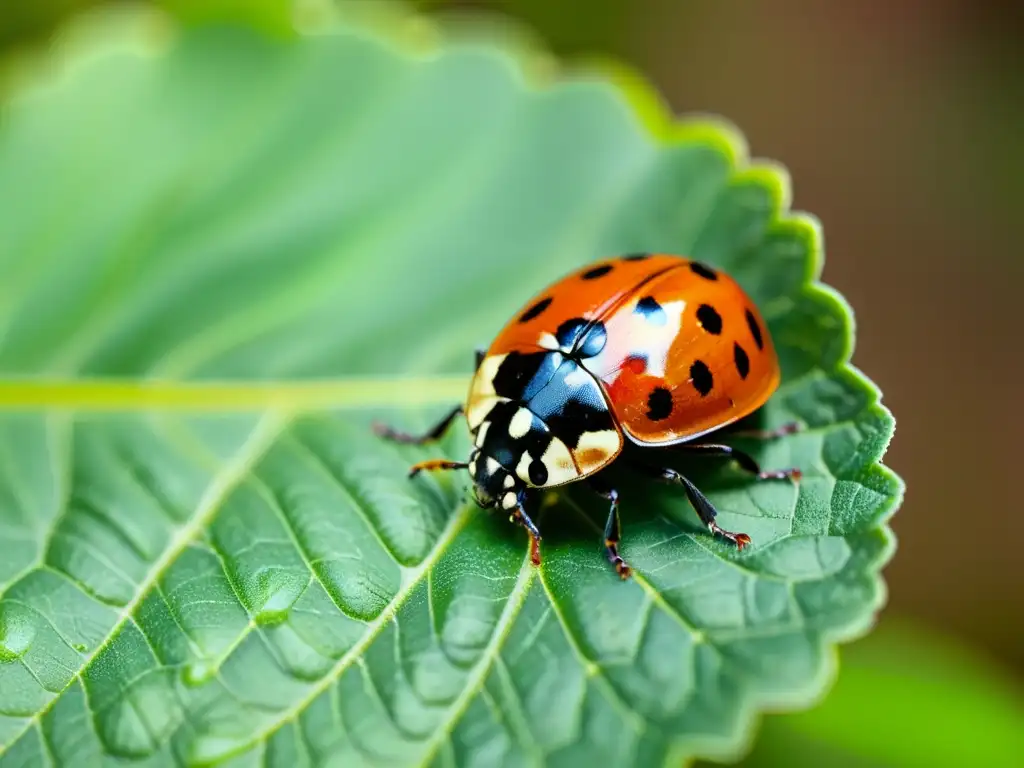 Una mariquita en detalle sobre una hoja verde, mostrando sus alas rojas y negras