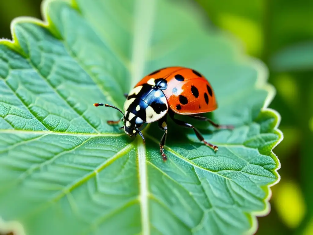 Una mariquita diminuta descansa sobre una hoja verde vibrante, mostrando sus detalles y texturas