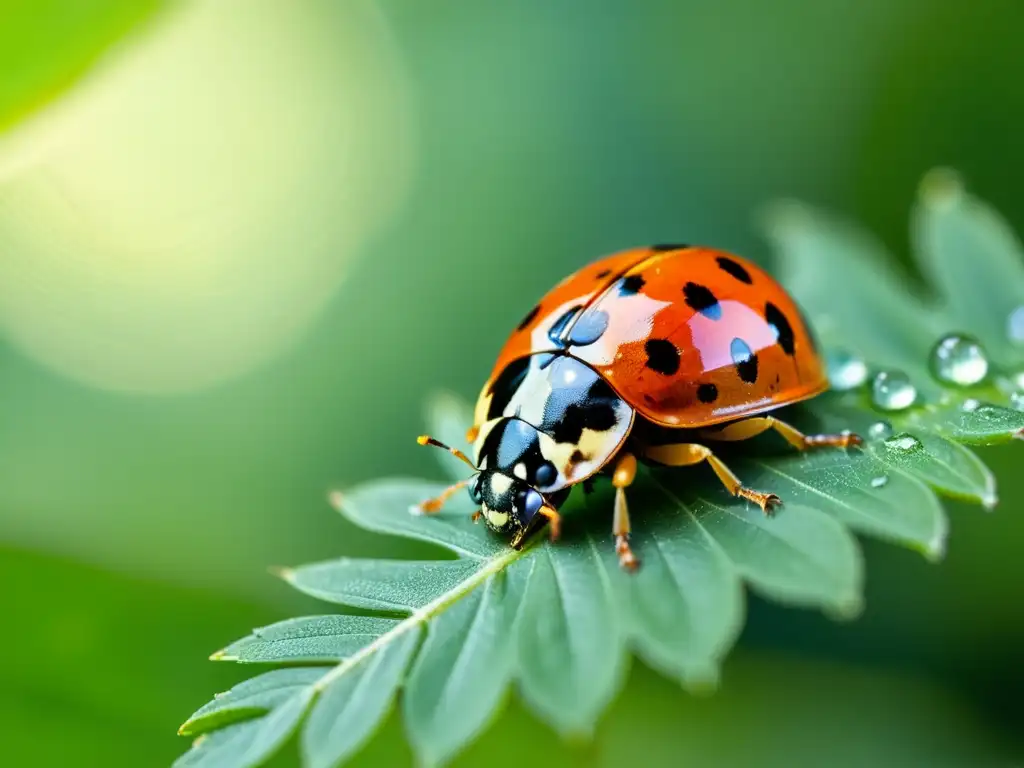 Una mariquita se aferra a una hoja, con detalles de su caparazón iridiscente, patas delicadas y alas translúcidas