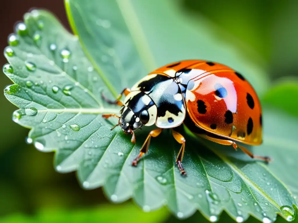 Una mariquita descansando sobre una hoja con gotas de agua, mostrando sus alas rojas y negras