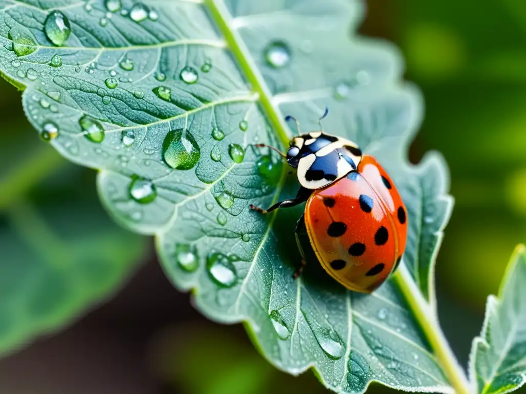 Una mariquita descansa en una hoja de tomate, con gotas de rocío brillando