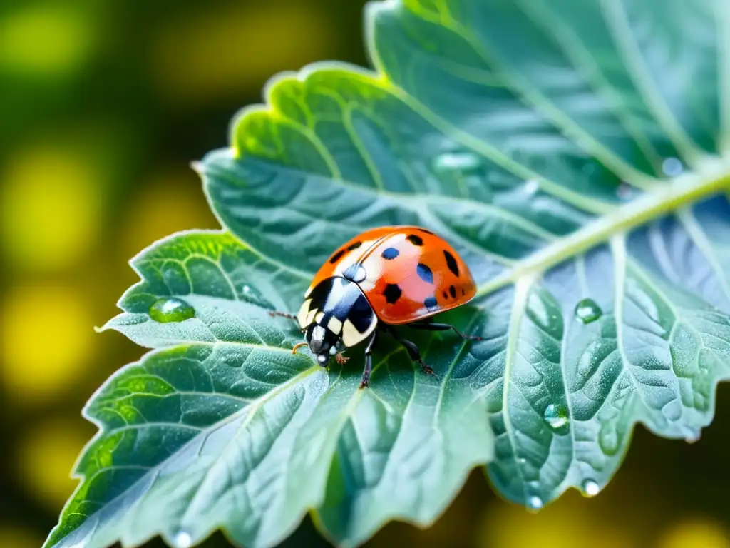 Una mariquita explorando una hoja de tomate verde, con detalles microscópicos y una atmósfera surrealista