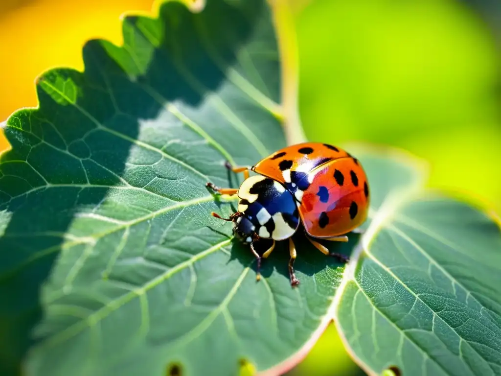 Una mariquita descansa delicadamente en una hoja de uva verde, con sus alas rojas y negras y sus patas y antenas claramente visibles