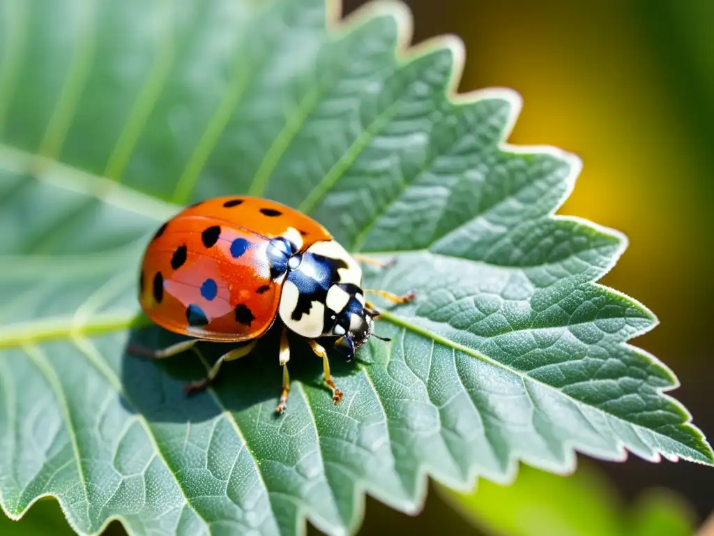 Una mariquita se posa en una hoja verde, sus alas desplegadas revelan sus patrones rojos y negros