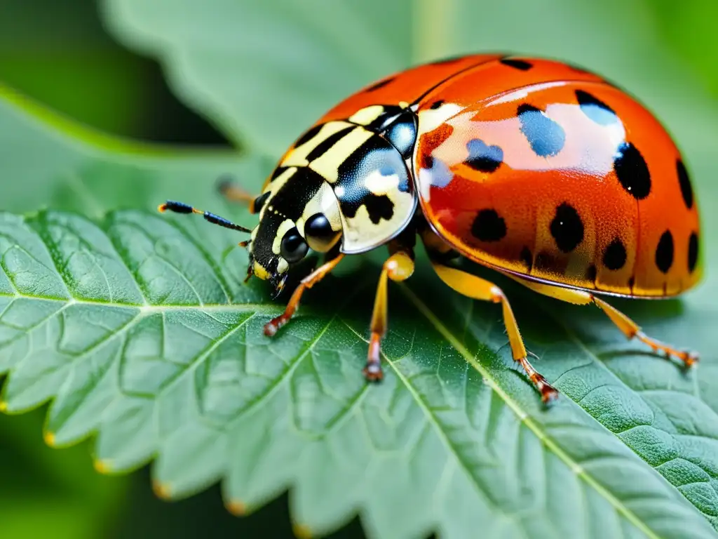 Una mariquita en una hoja verde, desplegando sus alas rojas y negras mientras el sol ilumina sus detalles