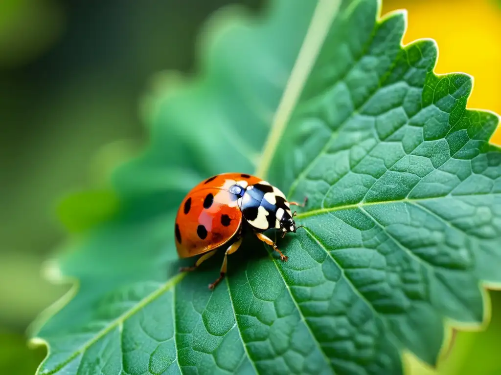 Una mariquita descansa en una hoja verde, con sus alas rojas y puntos negros en nitidez