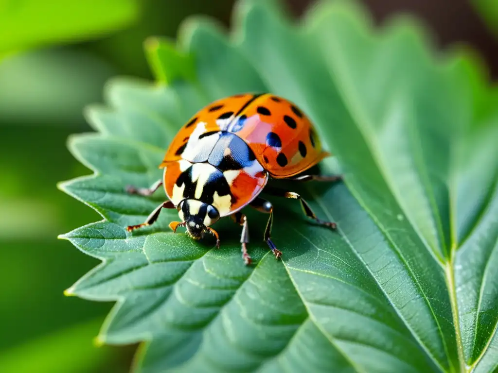 Una mariquita en una hoja verde, con sus alas rojas y negras extendidas