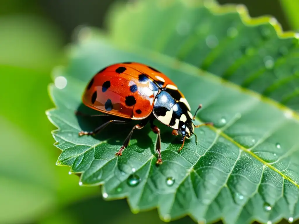 Una mariquita se posa delicadamente en una hoja verde, sus alas translúcidas y patas detalladas, creando un espectáculo natural