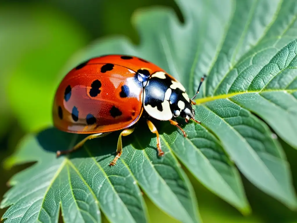 Una mariquita descansa en una hoja verde, mostrando sus alas rojas