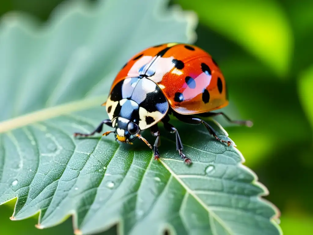 Una mariquita descansa en una hoja verde, con sus alas rojas y negras destacando