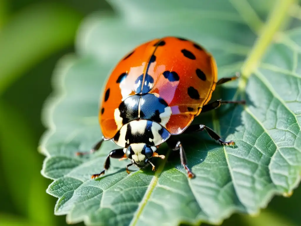 Una mariquita descansa en una hoja verde, con sus alas rojas y negras desplegadas