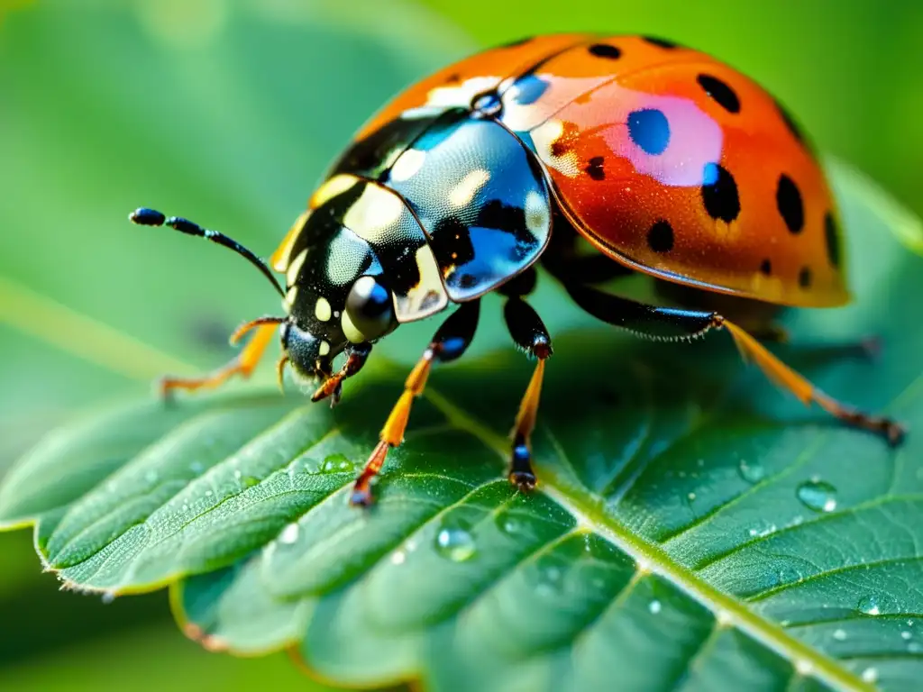 Una mariquita en una hoja verde, desplegando sus alas rojas y negras bajo el sol