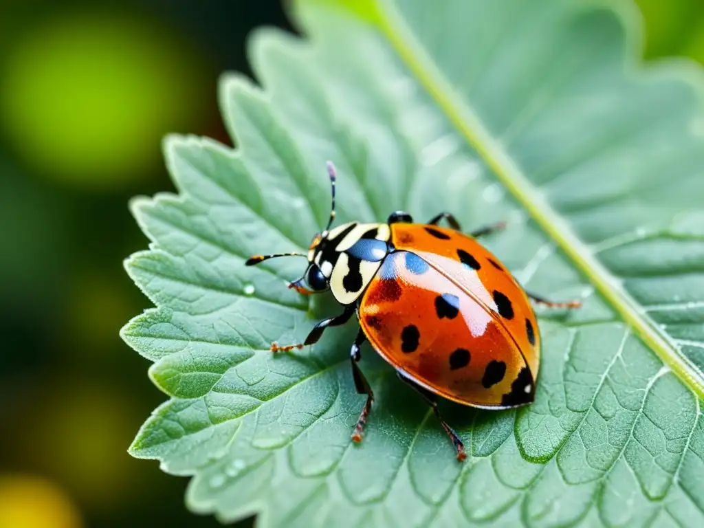 Una mariquita explorando una hoja verde, con sus alas desplegadas, resaltando la belleza de los insectos benéficos para combatir enfermedades