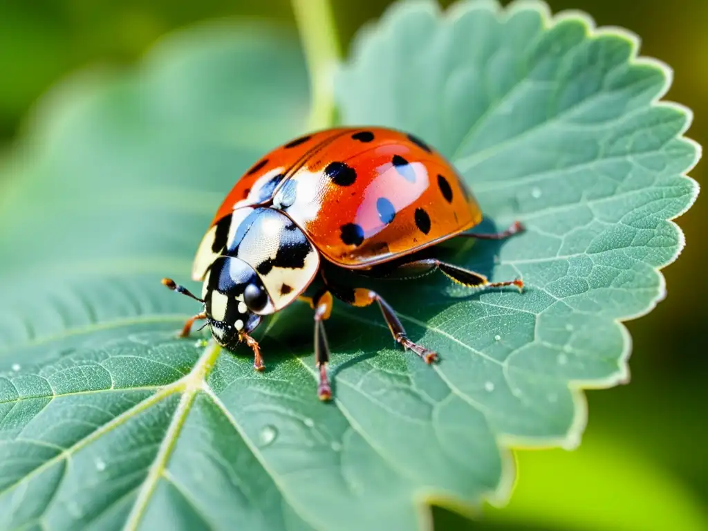 Una mariquita descansa en una hoja verde, sus alas rojas punteadas con diminutos puntos negros