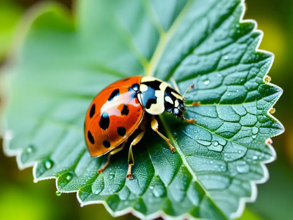 Una mariquita descansa en una hoja verde, sus alas, patas y gotas de rocío capturadas en detalle