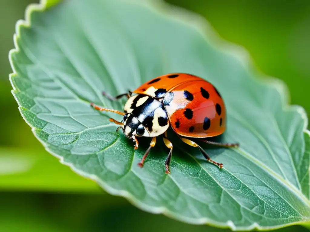 Una mariquita en una hoja verde, desplegando sus alas rojas y negras, muestra la importancia de la depredación natural de plagas