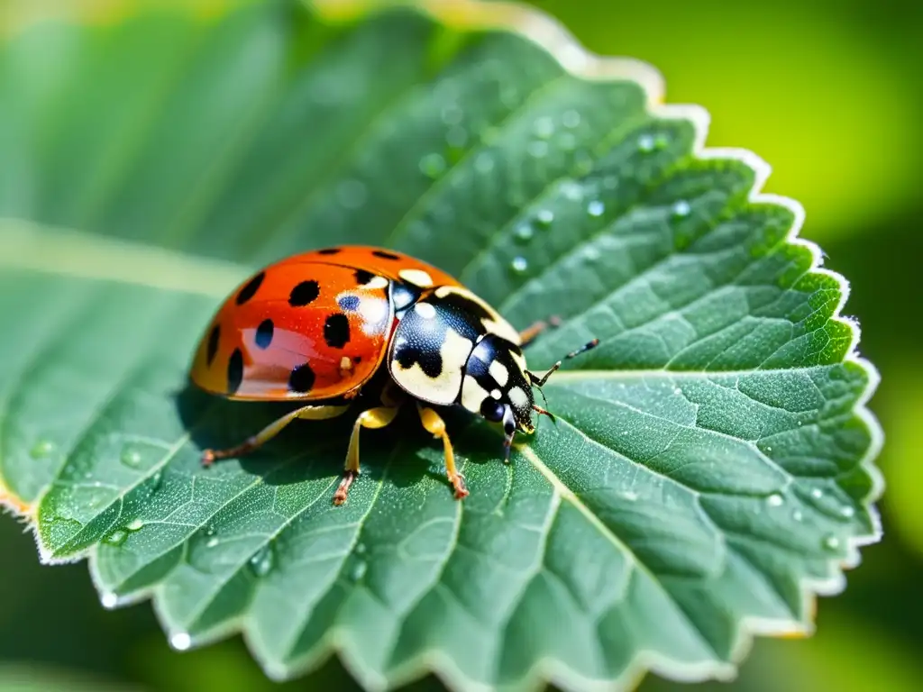 Una mariquita descansa en una hoja verde mientras sus alas rojas y negras brillan al sol