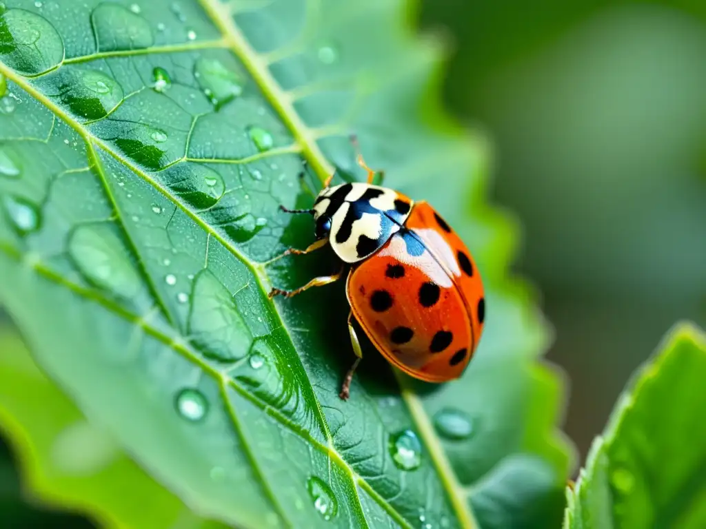 Una mariquita descansa en una hoja verde, sus alas translúcidas brillan con gotas de rocío