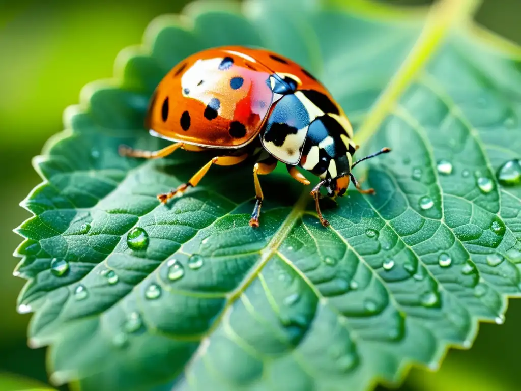 Una mariquita descansa en una hoja verde, sus alas rojas y negras contrastan delicadamente