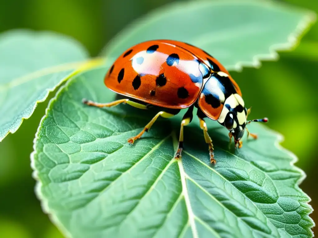 Una mariquita reposa en una hoja verde, sus alas rojas y negras contrastan con la exuberante vegetación