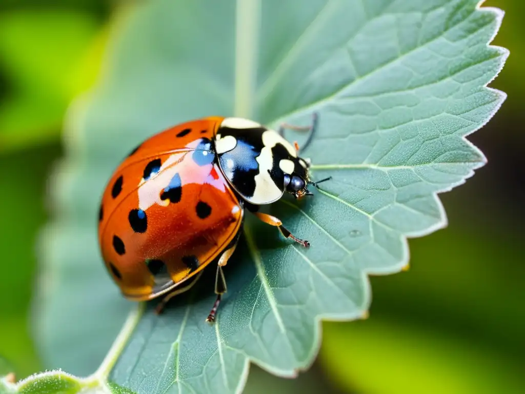 Una mariquita en una hoja verde, detallando sus alas, patas y caparazón en una fotografía macro de alta resolución