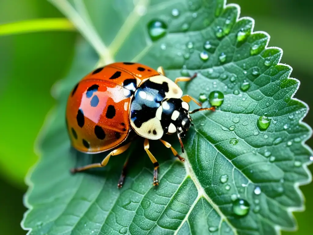 Una mariquita descansa en una hoja verde con rocío, mostrando la belleza de la naturaleza y la importancia del uso racional de pesticidas