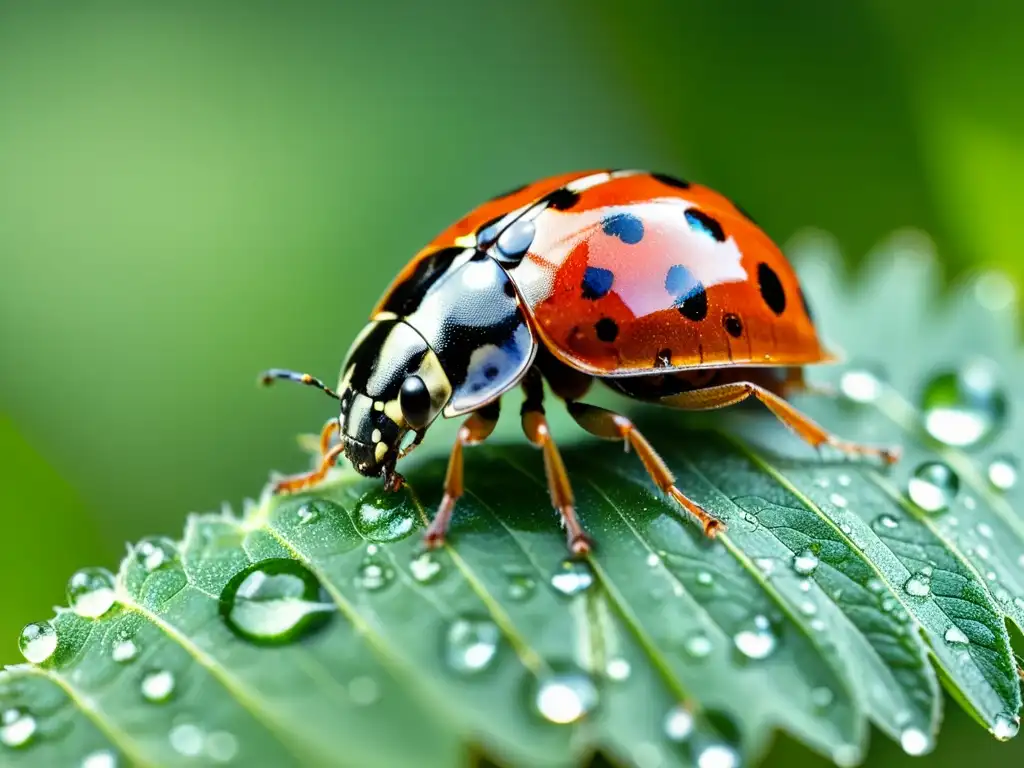 Una mariquita en una hoja verde con rocío, mostrando la belleza frágil de los insectos