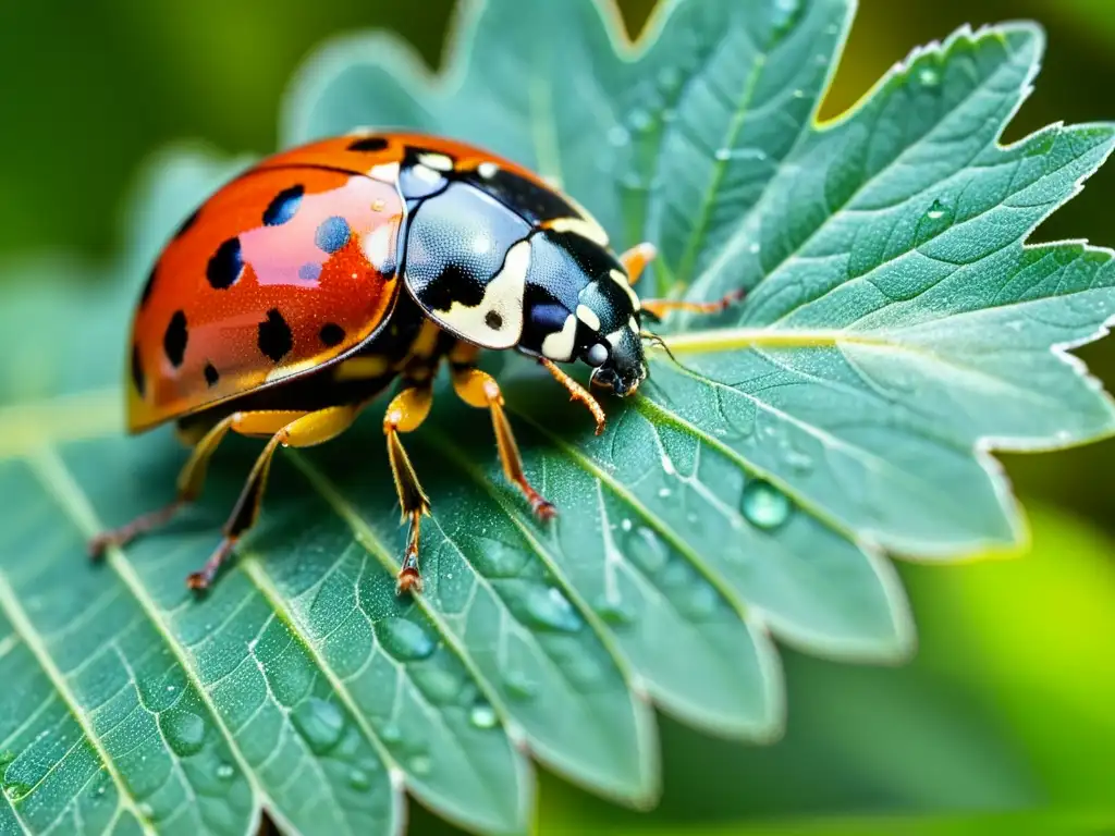 Una mariquita descansa sobre una hoja verde brillante, con sus alas delicadas desplegadas, rodeada de gotas de rocío