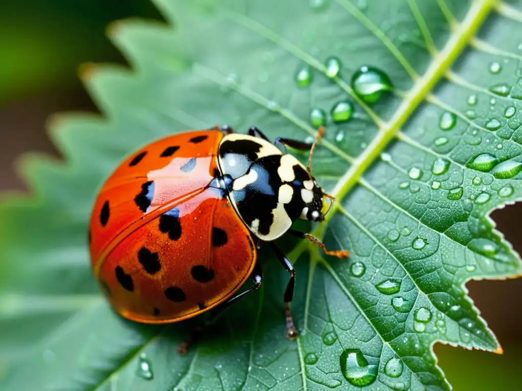 Una mariquita descansa sobre una hoja verde brillante, con gotas de agua que reflejan la luz del sol