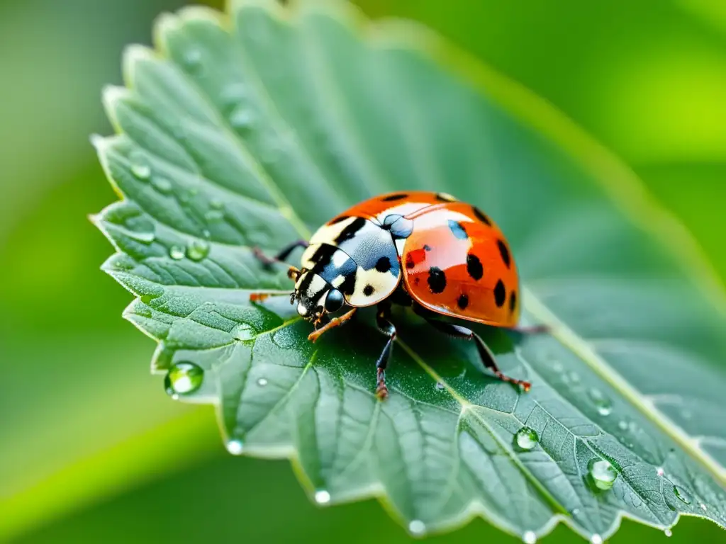 Una mariquita descansa sobre una hoja verde brillante con gotas de rocío, mostrando sus alas rojas y patas negras