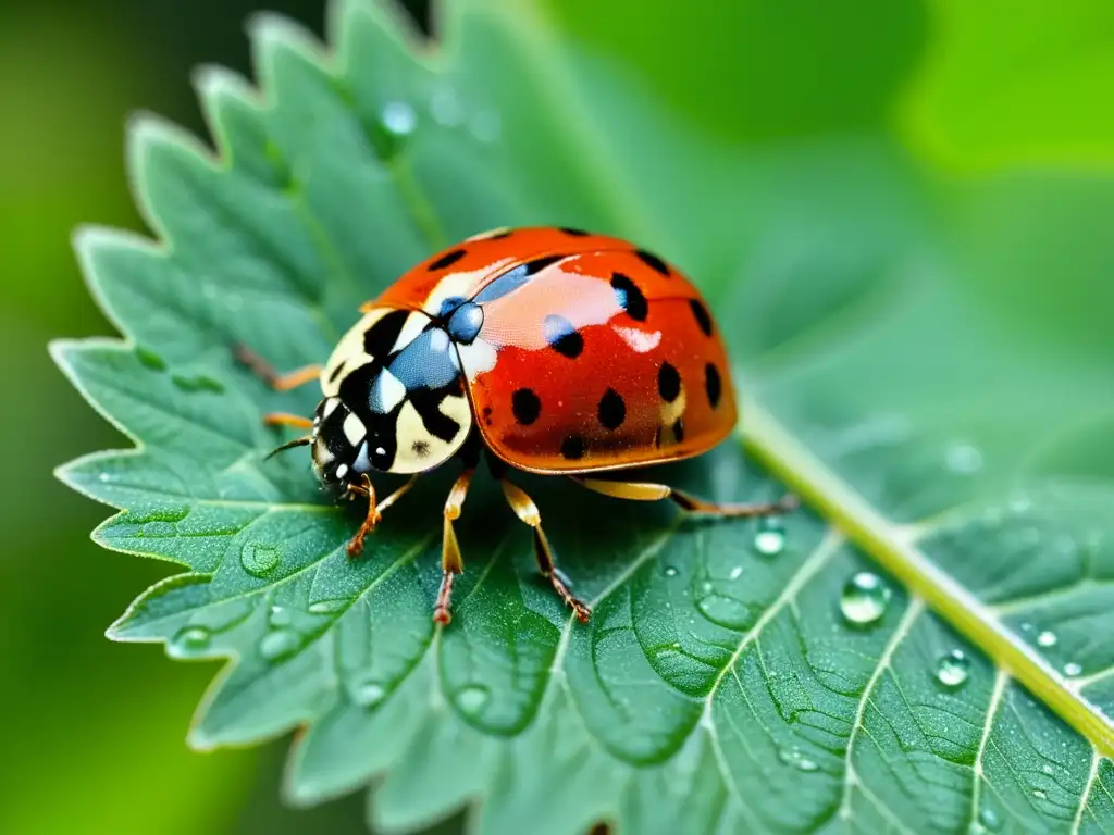 Una mariquita descansa en una hoja verde brillante, sus alas rojas y negras brillan a la luz del sol